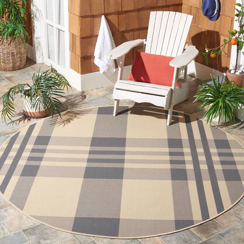 SAFAVIEH Courtyard Oriole Plaid Indoor/ Outdoor Waterproof Patio Backyard. - 2'7" Round - Grey/Bone