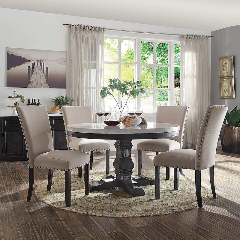Round Marble Top Dining Table in White and Salvage Dark Oak