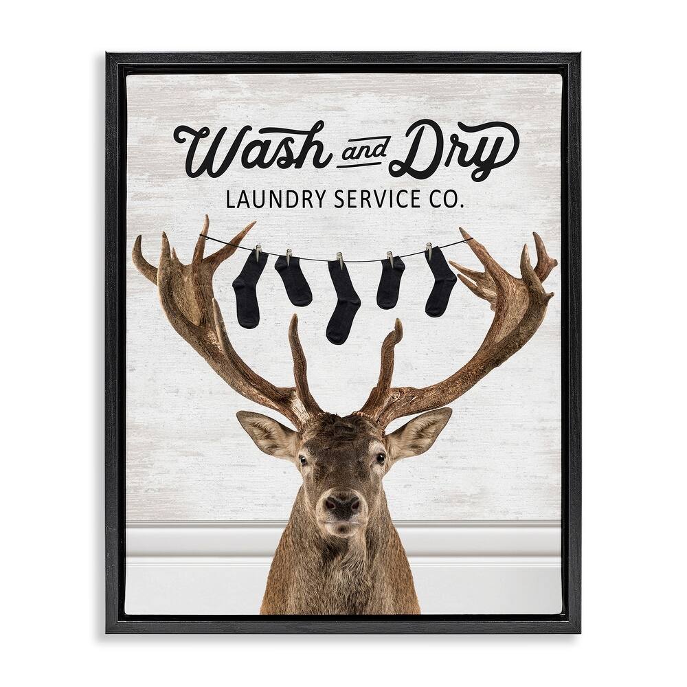 Stupell Vintage Laundry Elk Clothesline Framed Floater Canvas Wall Art Design By Lettered and Lined