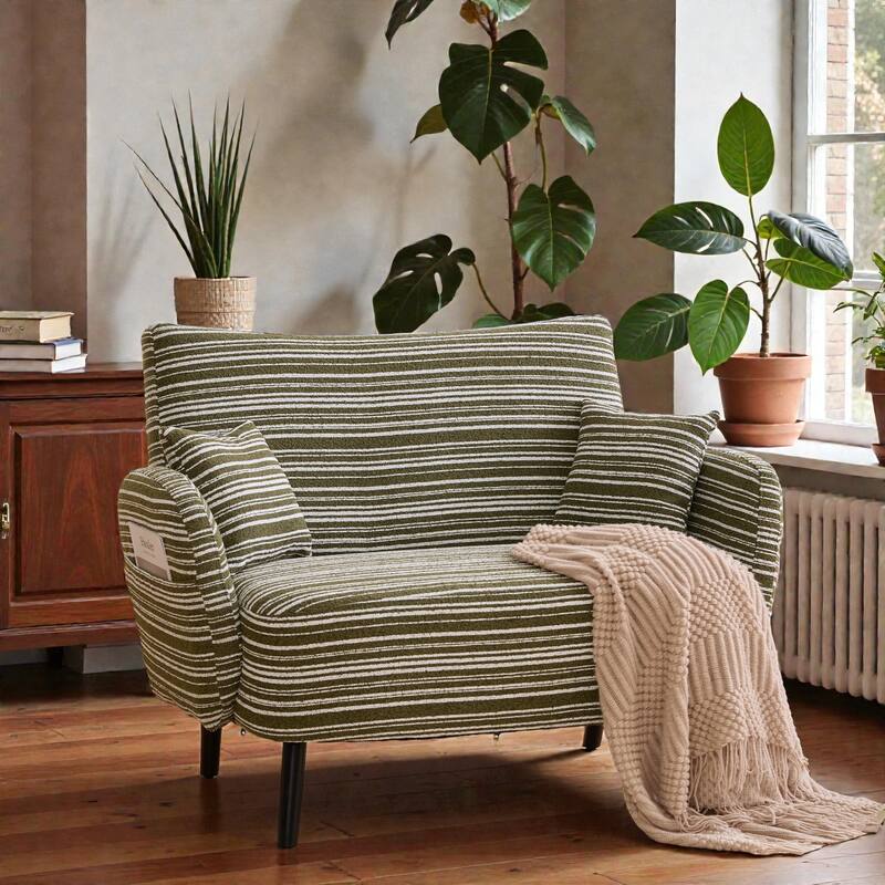 Modern Boucle 2-Seater Sofa with Storage Pockets, Deep-Seated Small Couch with Armrest Pillows for Apartments