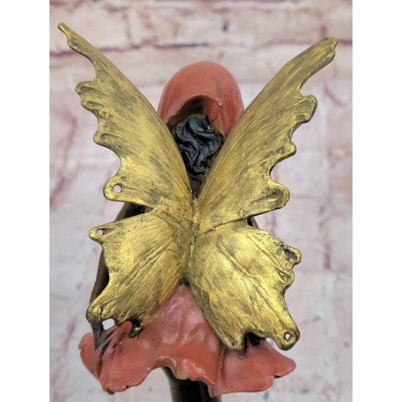 Bronze Metal Figure Of Young Fairy Angel Winged Girl On Green Marble Base