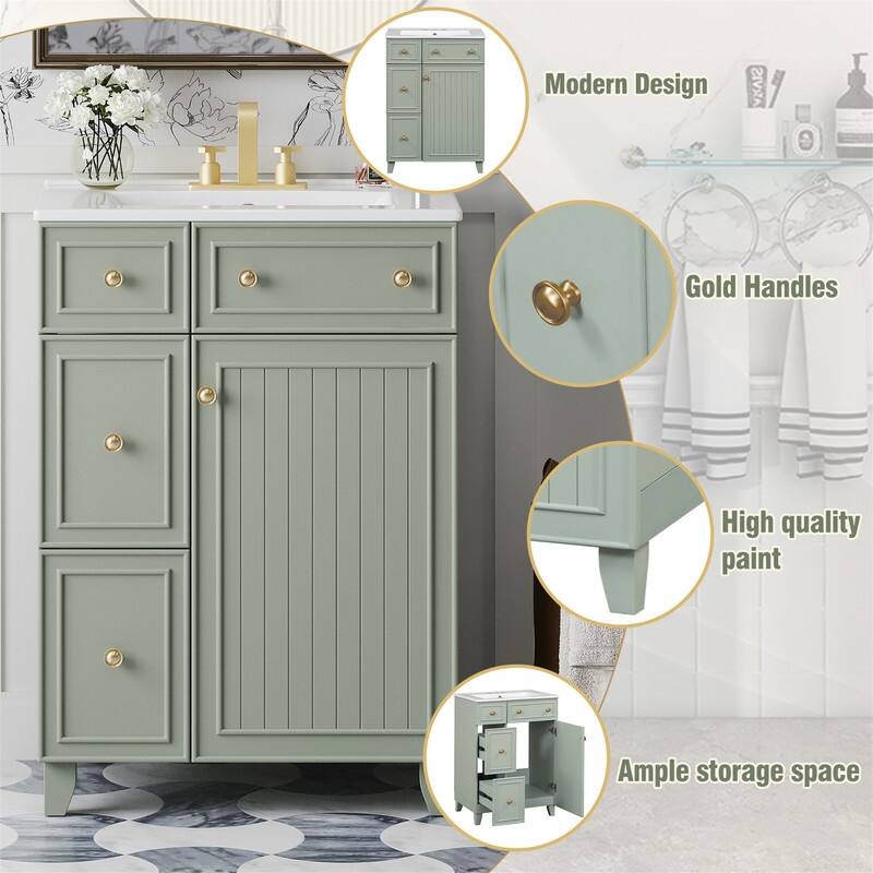 24'' Bathroom Vanity with Ceramic Sink Top, Freestanding Bathroom Vanity Cabinet with 1 Soft Close Door and 2 Storage Drawers