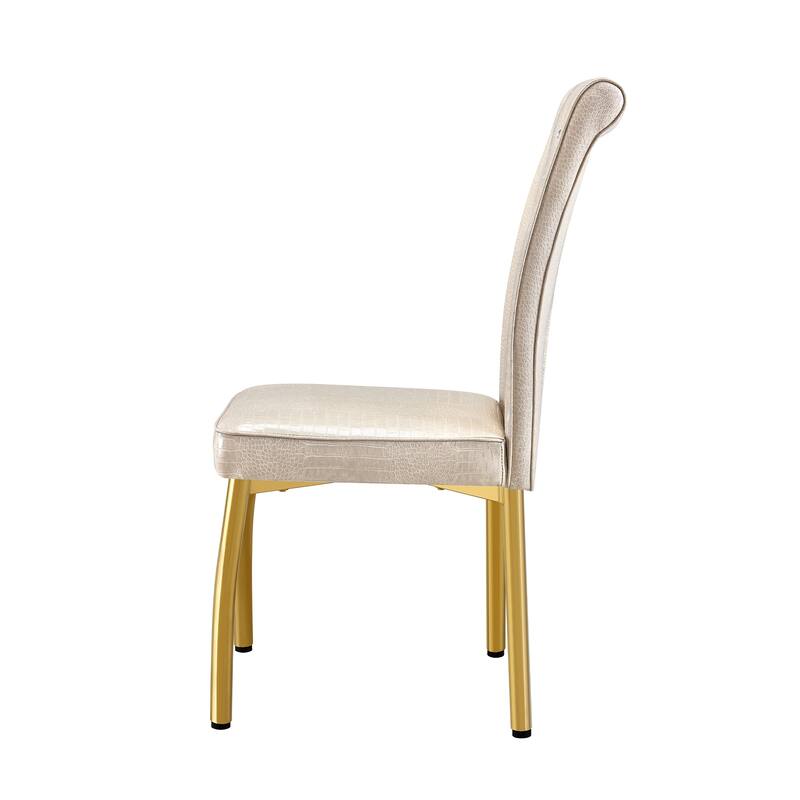 A set of 2 vintage crocodile leather cushioned dining chairs, featuring crystal clasp design and artificial leather design