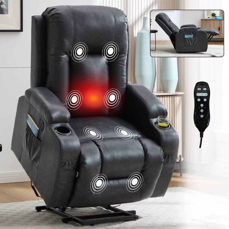 Roomfitters Heavy Duty Power Lift Recliner, PU Leather Massage Chair with Heat, USB Port and Dual Cup Holders - Gray