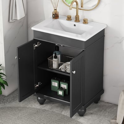 24 in. W Freestanding Bathroom Vanity with White Ceramic Sink and Adjustable Shelf