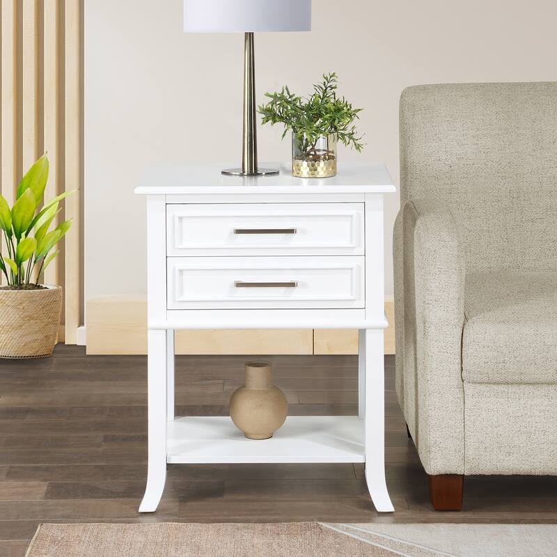 2 Drawer End Table with Shelf Beveled Top Two Smooth Gliding Drawers with Decorative Design Flared Legs Accent Table - 22