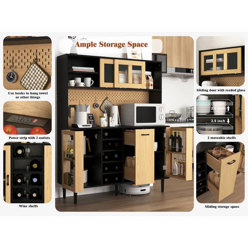 Kitchen Buffet Cabinet with Wine Rack, Coffee Bar Cabinet with Charging Station, Freestanding Storage Cabinet for Liquor