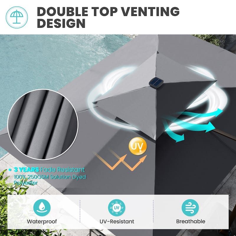 9 FT x 11 FT Outdoor Dual Top Patio Cantilever Umbrella LED Light with Wheel Base