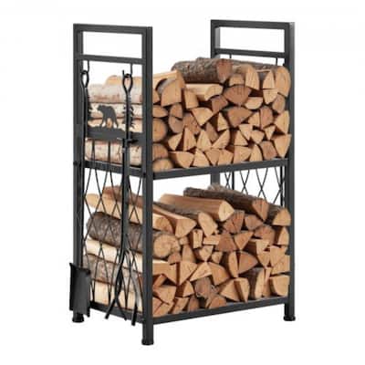 2 Tier Black Wrought Iron Firewood Storage Rack with Reinforced Corners and 4 Fireplace Tools - 17.72” x 12.40” x 16.34”