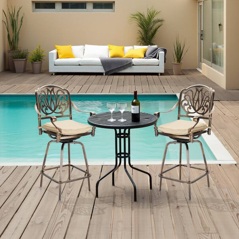 Set of 2 Aluminum Swivel Bar Stools with Thick Comfortable Cushions and Footrests for Patio or Porch - 25.2"D x 25.6"W x 51"H