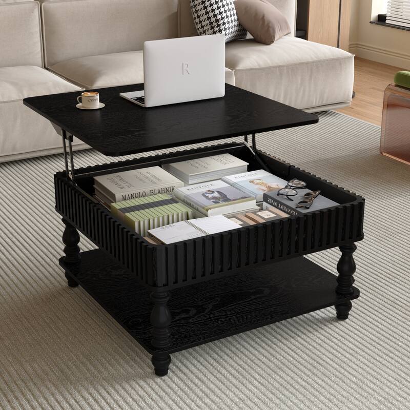 Square Fluted Lift-Top Coffee Table with Hidden & Open Storage, Black End Table Sofa Side Table Center Table