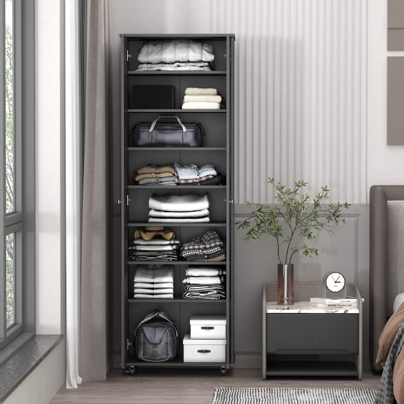 70.9"H Entryway Closet Cabinet Shoe Cabinet Adjustable Shelves Wheels