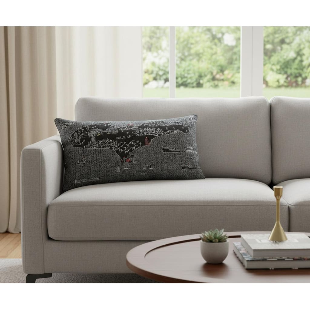 HomeRoots 14" X 24" Dark Gray And White Michigan Upper Peninsula Nighttime Skyline Lumbar Decorative Pillow