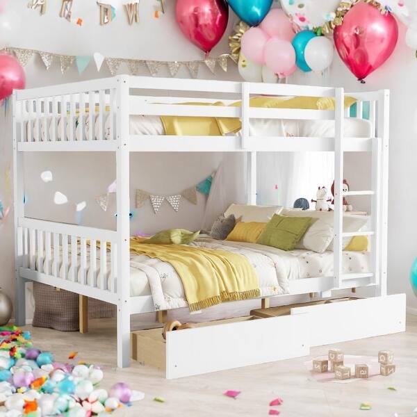 slide 2 of 20, Full over Full Rubber Wood Bunk Bed with 2 Drawers,Convertible into 2 Full Beds,Ladder and Safety Guardrails White