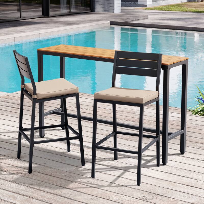 Outdoor 3-Piece Patio Bar Stools Set Rectangle Bar Table and Barstools with Cushion
