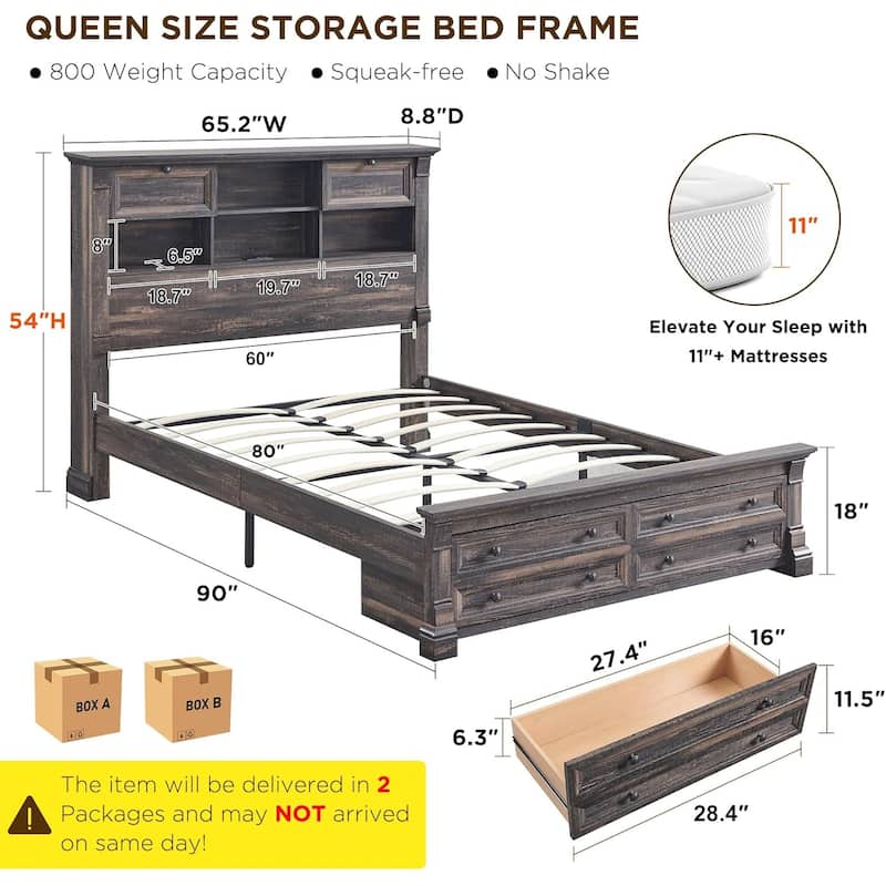 Farmhouse Queen Size Bed Frame with 54" Tall Bookcase Headboard