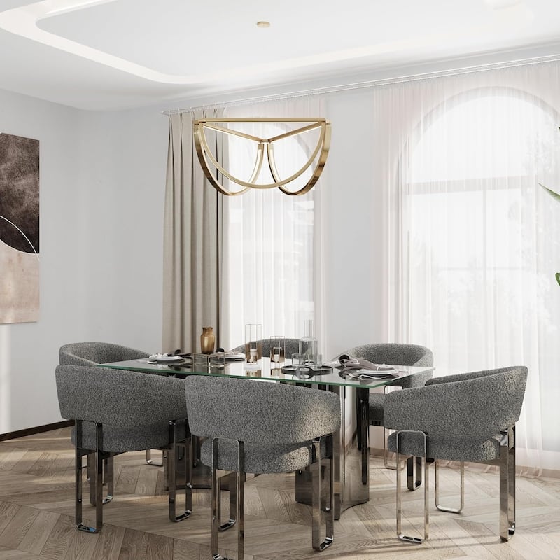 70 inch Clear Tempered Glass Dining Table Set with Grey Boucle Dining Chairs - Silver - Table with 6 Chairs