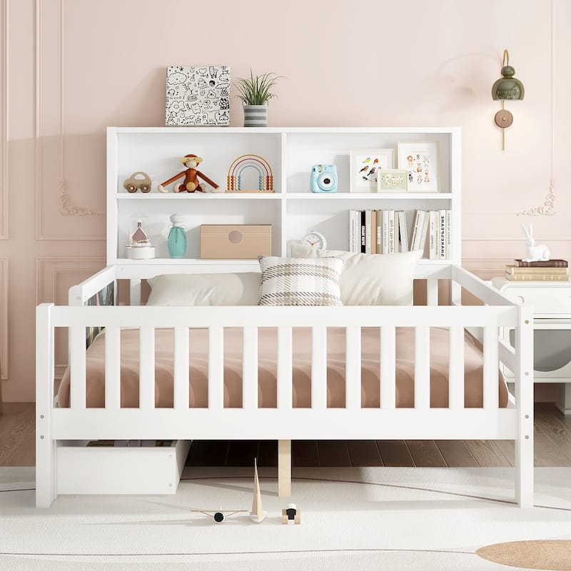 Childlike Fun Solid Wood Low-profile Platform Bed Storage Bed Frame with Side Chalkboard, Open Shelves, Drawers and Guardrails