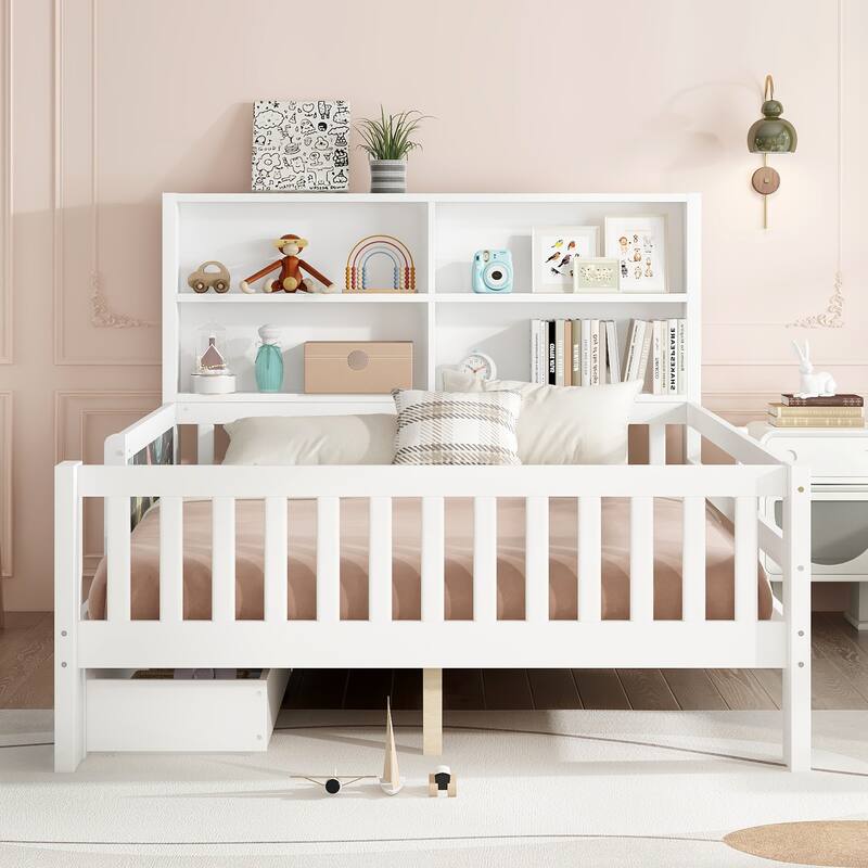 Wooden Platform Bed Frame with Storage Headboard, 2 Drawers and Chalkboard - Off White - Full