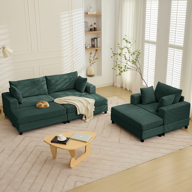 Mixoy Extra-Large Corduroy Upholstered Modular Sectional Sofa Set,Deep Seat Sleeper Chair with Ottoman - 2+1 - Green-2+1 - 5 Piece