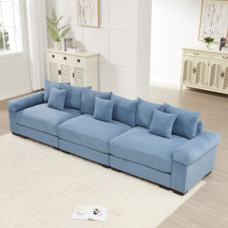 GDFStudio - Corduroy 3-Seater 130" Cloud Sofa Couch with Extra-Thick Armrests - Blue