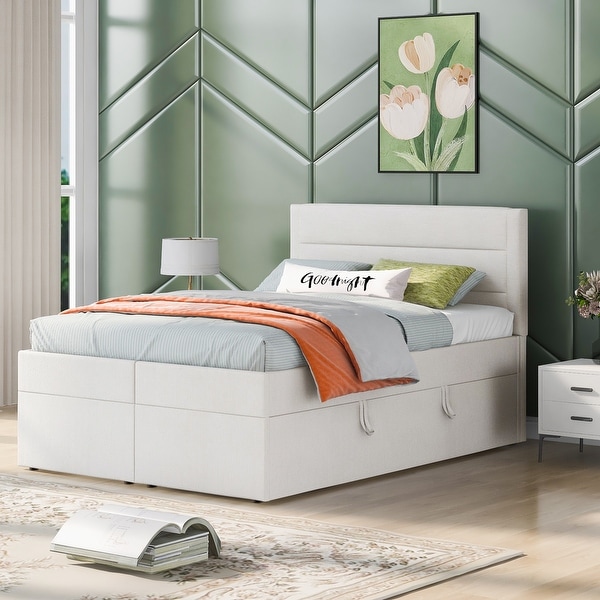 White queen bed with storage sales underneath