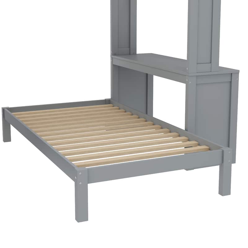 Queen Size Loft Bed & Twin Size Platform Bed Set, Wood Bunk Bed with Built-in Desk, Open Shelves and Wardrobe, Queen Over Twin