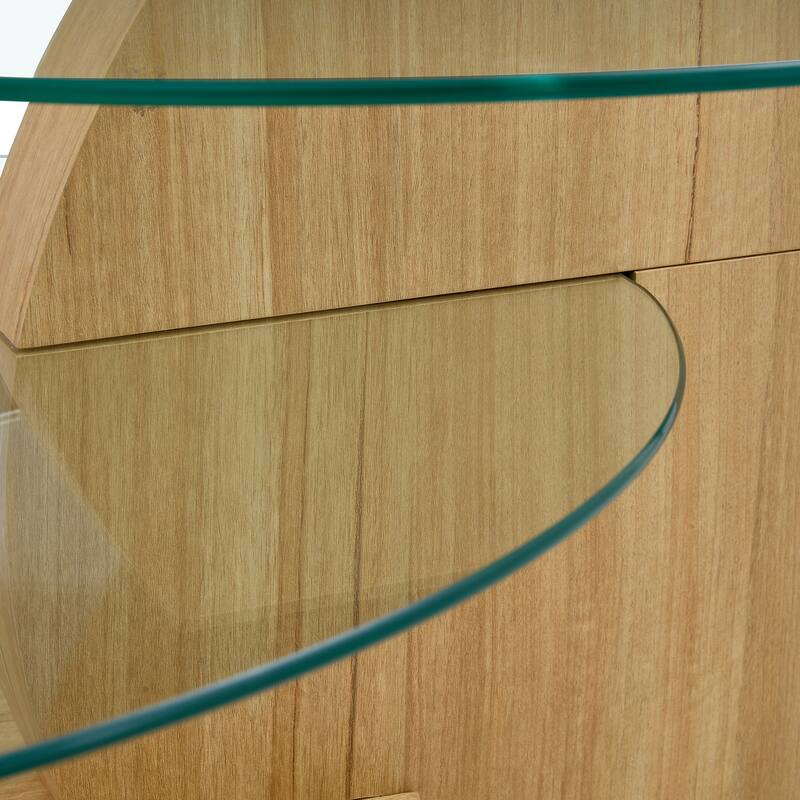 Modern Round Glass Coffee Table w/ Wood Base, 3 Tier Round Coffee Table, Clear Cocktail Table w/ Storage for Home Office