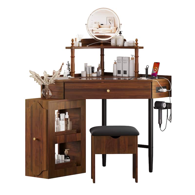 3 Drawer Vanity Desk with Glass Top Charging Station and Cushioned Stool