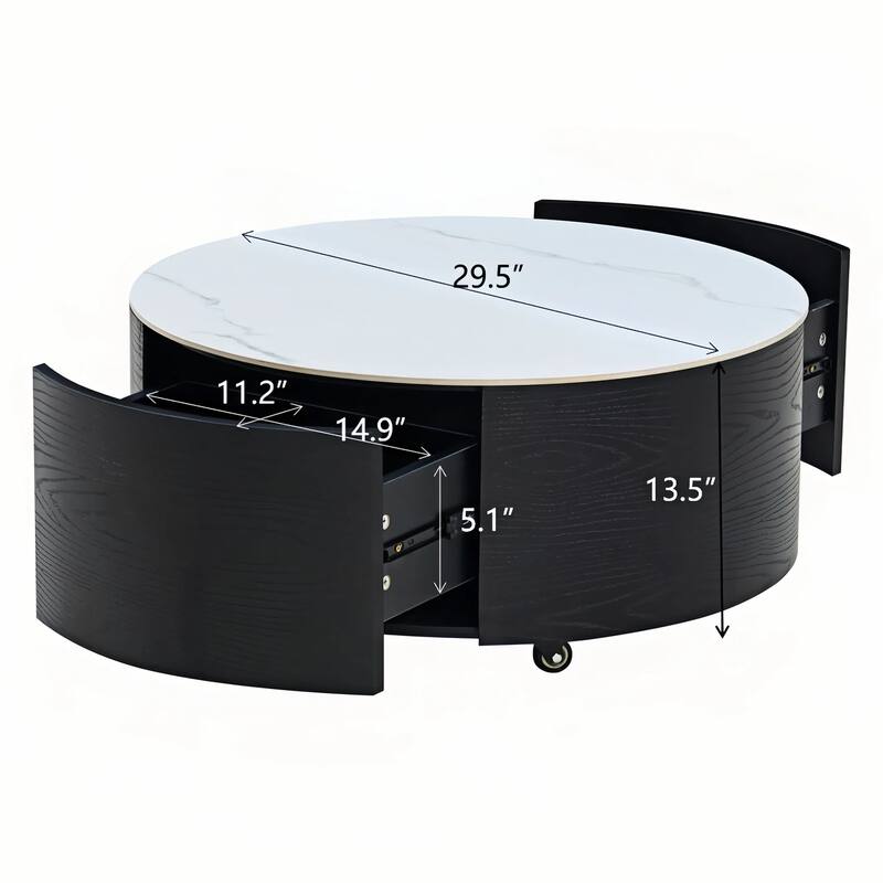 Luxury Faux Marble Coffee Table, Small Round Movable Center Table with Casters, Modern Cocktail Tea Table with 2 Storage Drawers