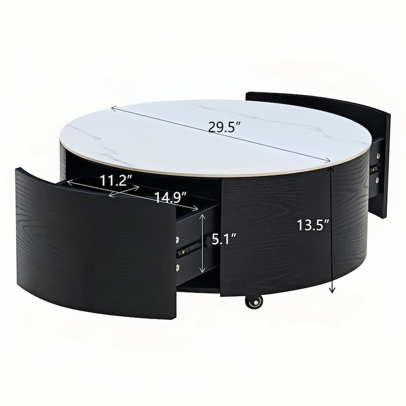 Modern Round Movable Coffee Table with Casters, 2 Drawers, Marble Pattern Sintered Stone Top, 29.5"