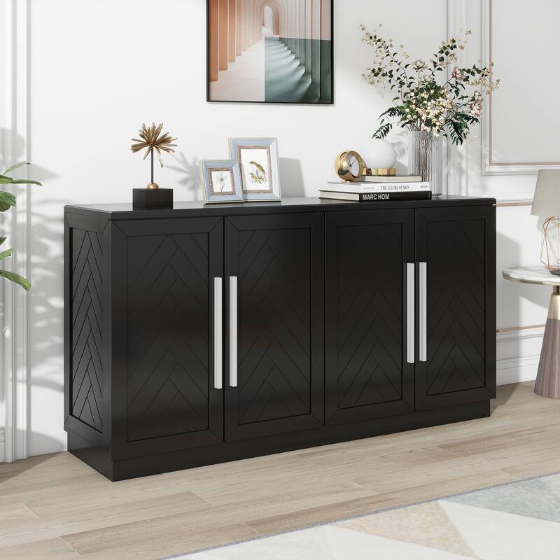 Sideboard with 4 Doors Large Storage Space Buffet Cabinet with Adjustable Shelves and Silver Handles for Kitchen, Dining Room - Black
