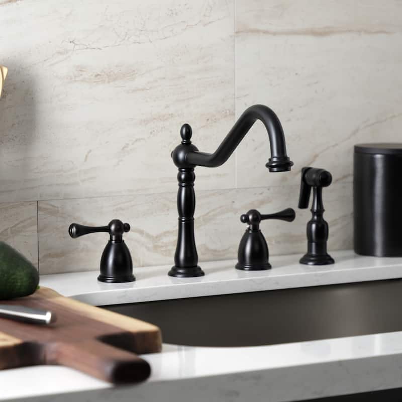 Heritage Deck Mount Widespread Kitchen Faucet with Brass Sprayer