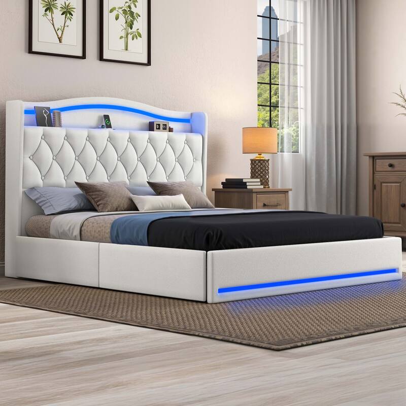 Moasis Queen Size Velvet Upholstered Bed Frame with 4 Storage Drawers & RGB Lights - King - Beige