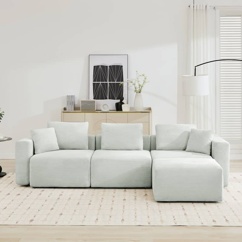 Corduroy Sectional Modular Sofa with Square Arms & Ottoman Extension for Flexible Arrangements