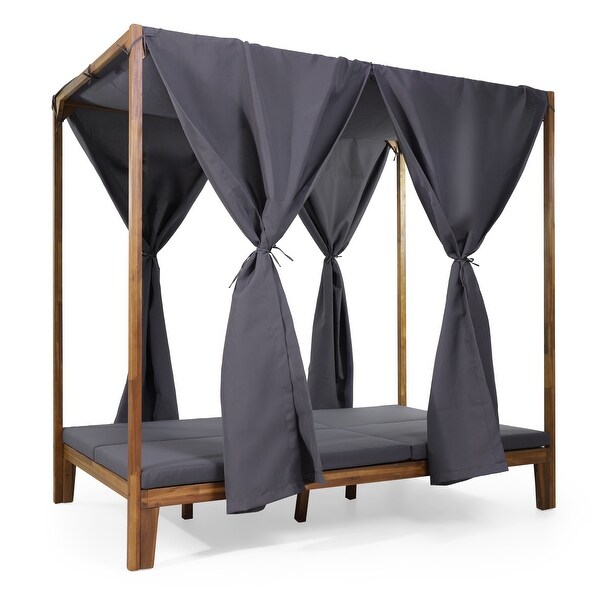 Kinzie Outdoor 2-seat Adjustable Acacia Daybed w/ Curtains