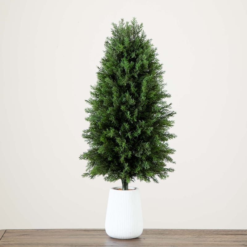 Cedar Artificial Tree with White Grooved Planter - 3'
