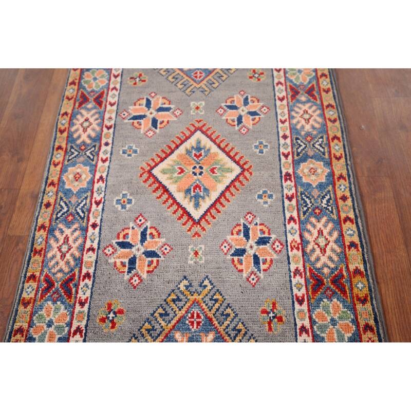 Hand Knotted Oriental 100% Wool Carpet Traditional Geometric Greys & Charcoal Kazak Area Rug - 3' 1'' X 2' 0''