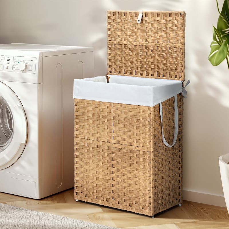 Laundry Hamper with Lid, Synthetic Rattan Clothes Laundry Basket with Lid and Handles, Foldable, Removable Liner - Brown - 90L