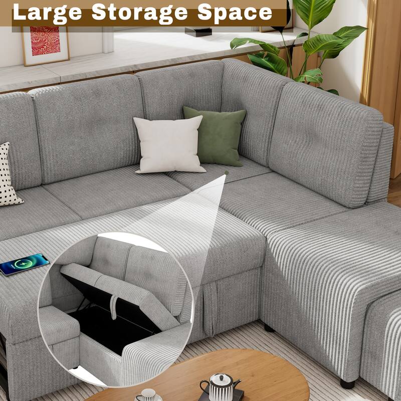 94" Convertible L-shaped Sectional Sofa with Pull-out Bed, Movable Ottoman and Stool, Storage, Cup Holder, and USB Ports