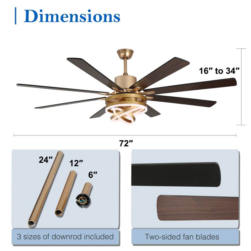 CurveCurio 72" Modern Large Ceiling Fan w LED Light, 8 Wood Blades and Quiet DC Reversiable Motor w 6 Speeds, Remote Control
