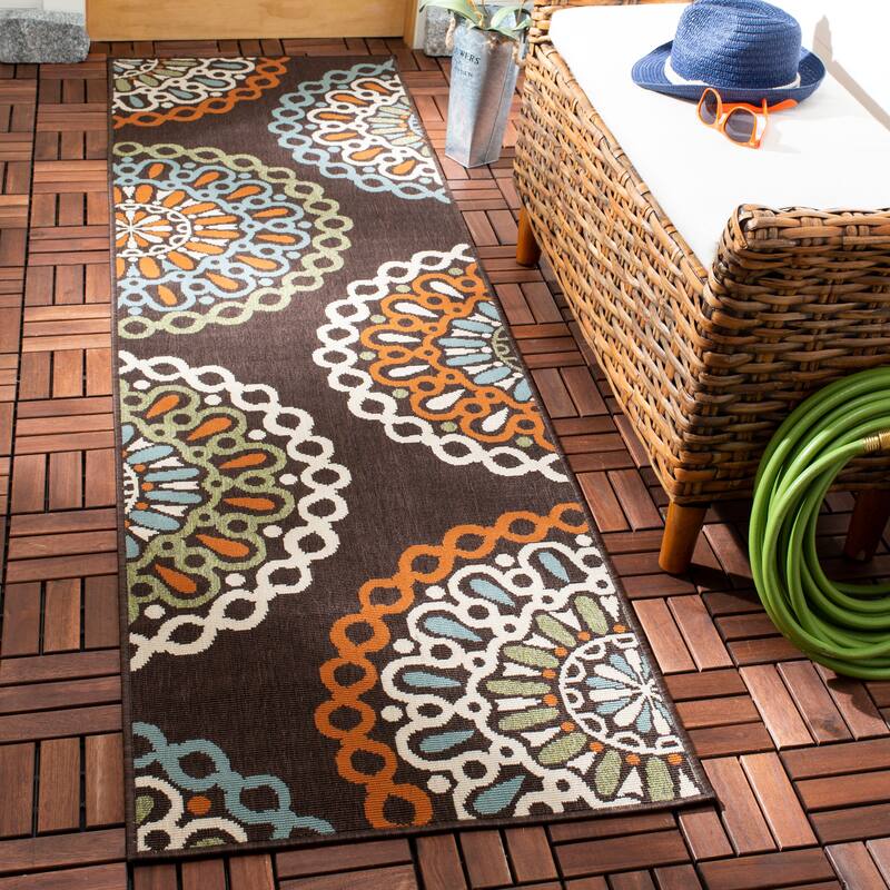 SAFAVIEH Veranda Elsi Geometric Medallion Indoor/Outdoor Area Rug - 2'3" x 12' Runner - Chocolate/Terracotta