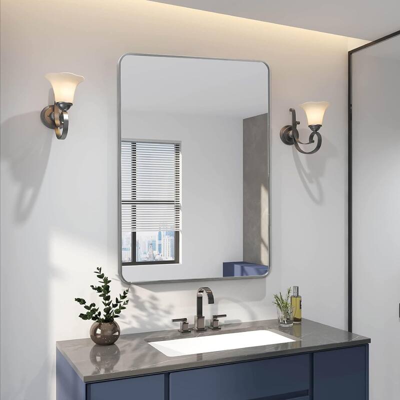 GDFStudio - Montara Contemporary Rectangular Bathroom Vanity Decorative Mirror with Expanded Viewing Area & Metal Frame