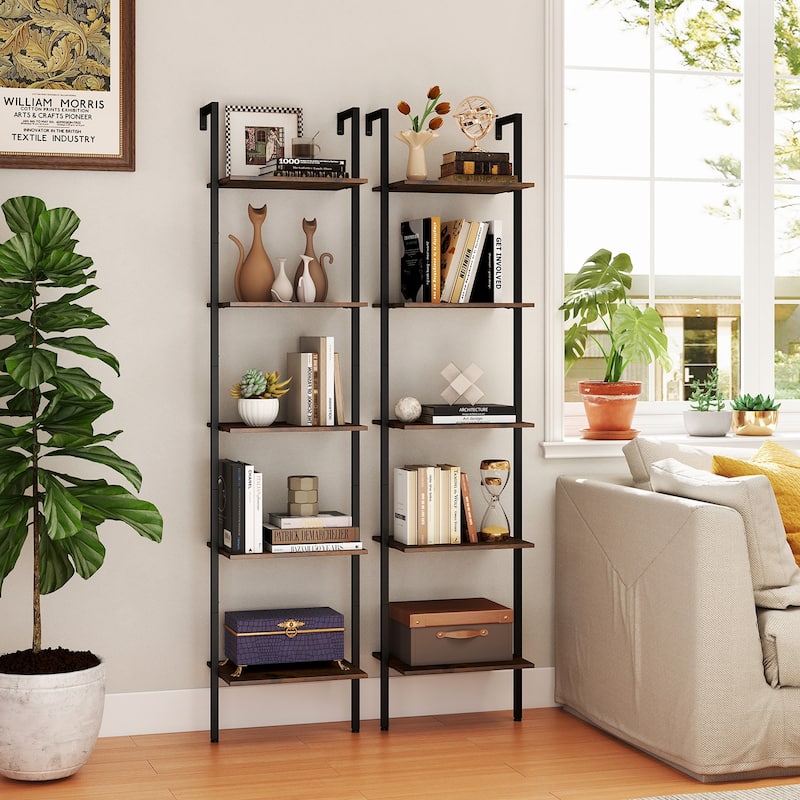 Rustic Brown Engineered Wood Ladder Bookshelf with Metal Frame - 17" x 12" x 70"