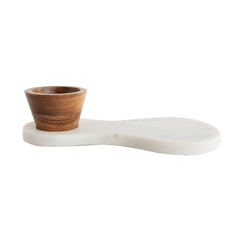 Marble Serving Board with Mango Wood Bowl - 10.0"L x 4.8"W x 2.5"H - 10.0"L x 4.8"W x 2.5"H - White
