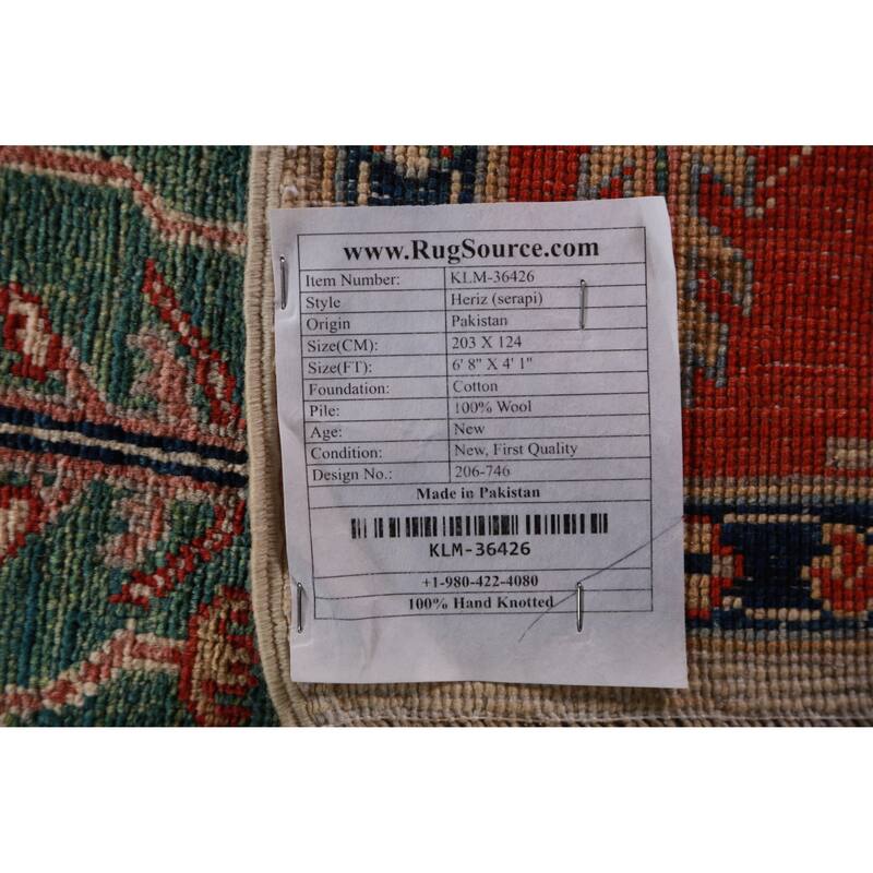 Vegetable Dye Heriz Serapi Oriental Rug Hand-Knotted Wool Carpet - 4'1"x 6'8"