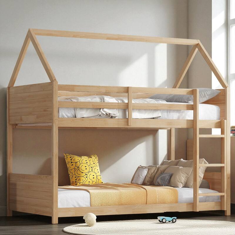 Twin Over Twin House Floor Bunk Bed with Ladder, Rubber Wood Frame with Guardrails, Headboards and Footboards for Kids