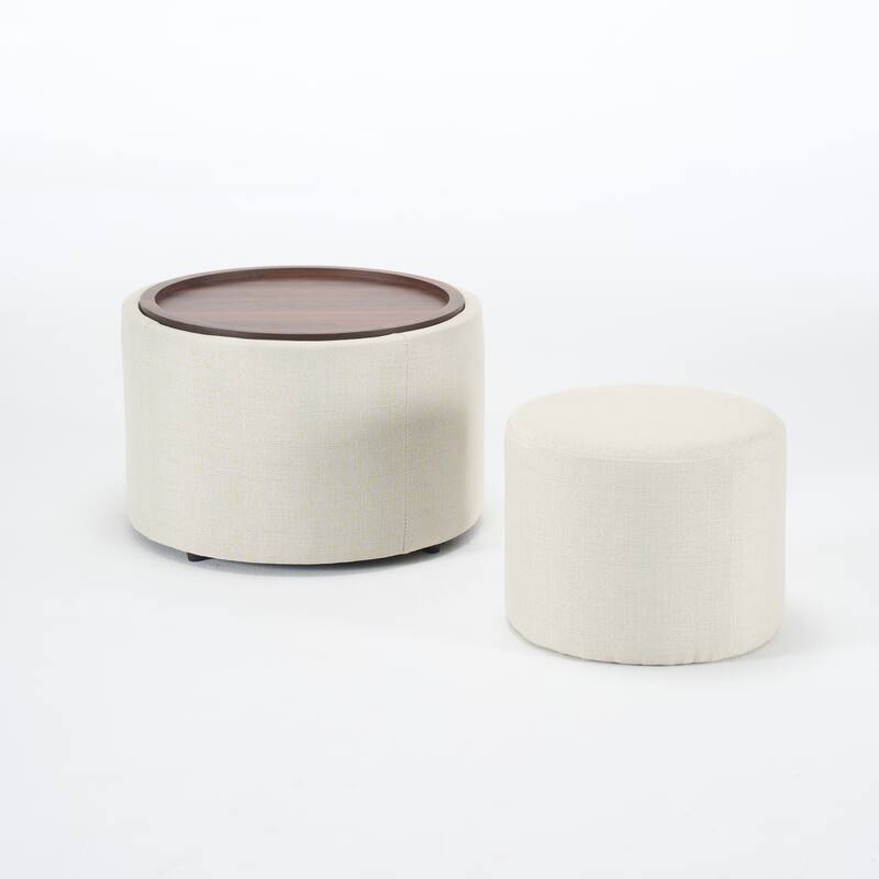 Ball & Cast Nesting Storage Ottomans of 2, Upholstered Footstool with Wood Tray