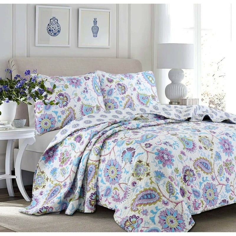 Cozy Line Lavender Purple Blue Floral Paisley 3-Piece Quilt Bedding Set