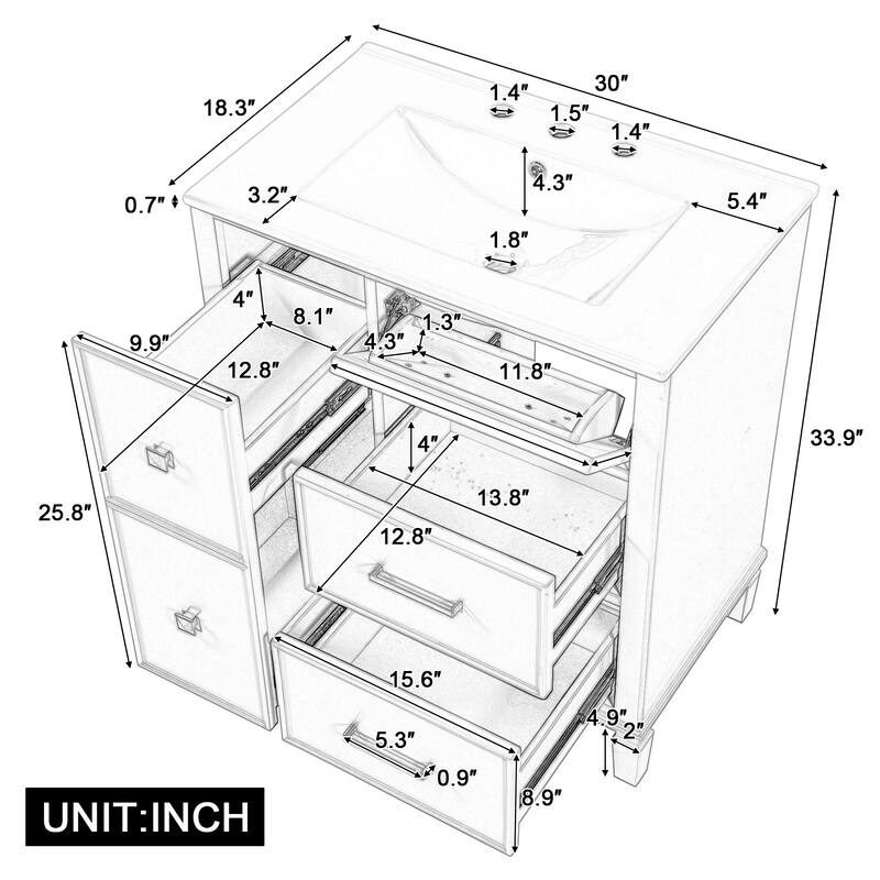30" Bathroom Vanity with Ceramic Sink, Flip-Out Drawer, Soft Close Doors & Drawers Cabinet with Solid Wood Legs